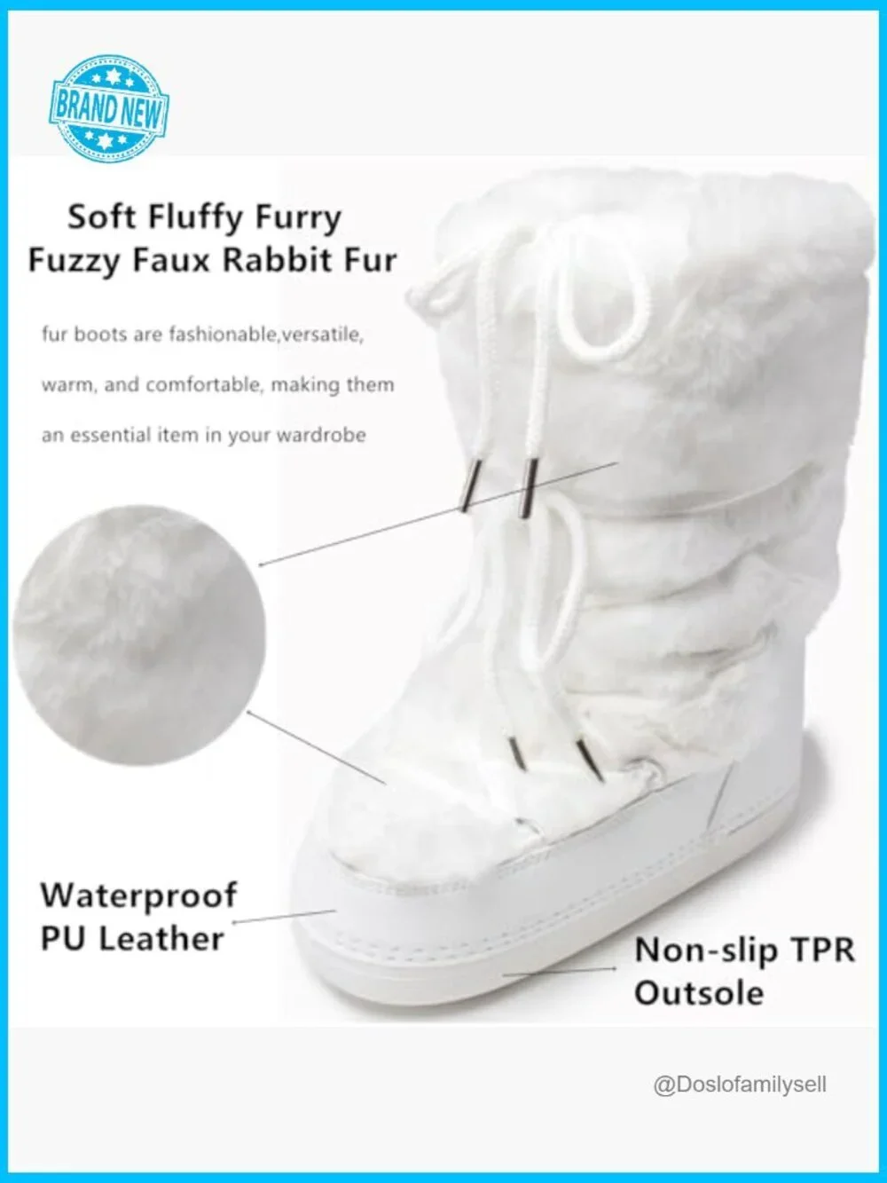 Faux Fur Snow Boots - Fluffy Fuzzy Water Resistant Mid-Calf Winter Boots Lace-Up